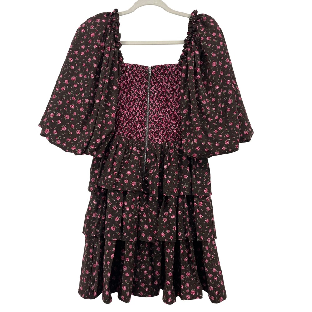 Sofie the label Size S Mini Dress Brown Pink Floral Smocked Puff Sleeve Coquette - Picture 3 of 6